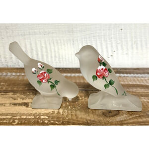 Vintage Satin Frosted Glass Bird Figurines Pair Hand-Painted Roses Signed MS